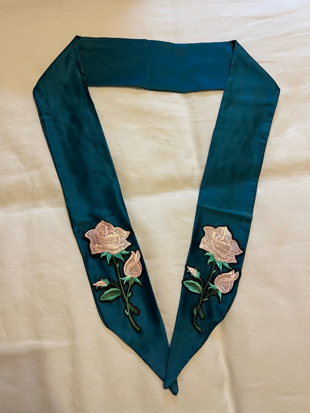 Embellished western Teal Satin Scarf with Pink Rose Appliqué